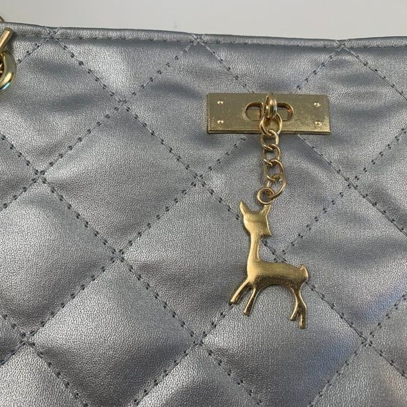 Silver Puffy Quilted Tote Bag w/ Chain Strap - Picture 3 of 6